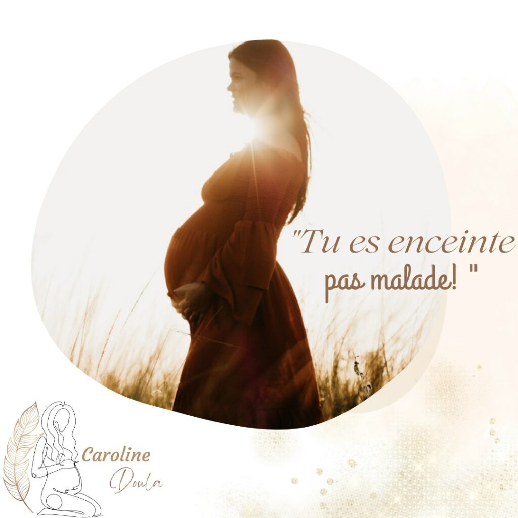 femme enceinte de profil dans une robe rouge avec le soleil qui illumine au niveau de son cou